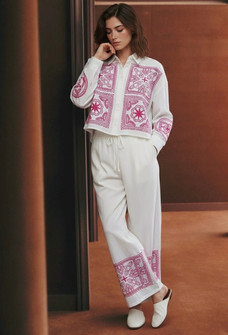 PANTALON BRODÉE KAYA - FUCHSIA