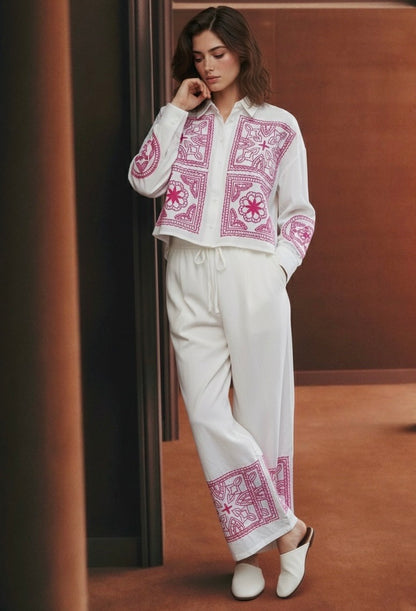 PANTALON BRODÉE KAYA - FUCHSIA
