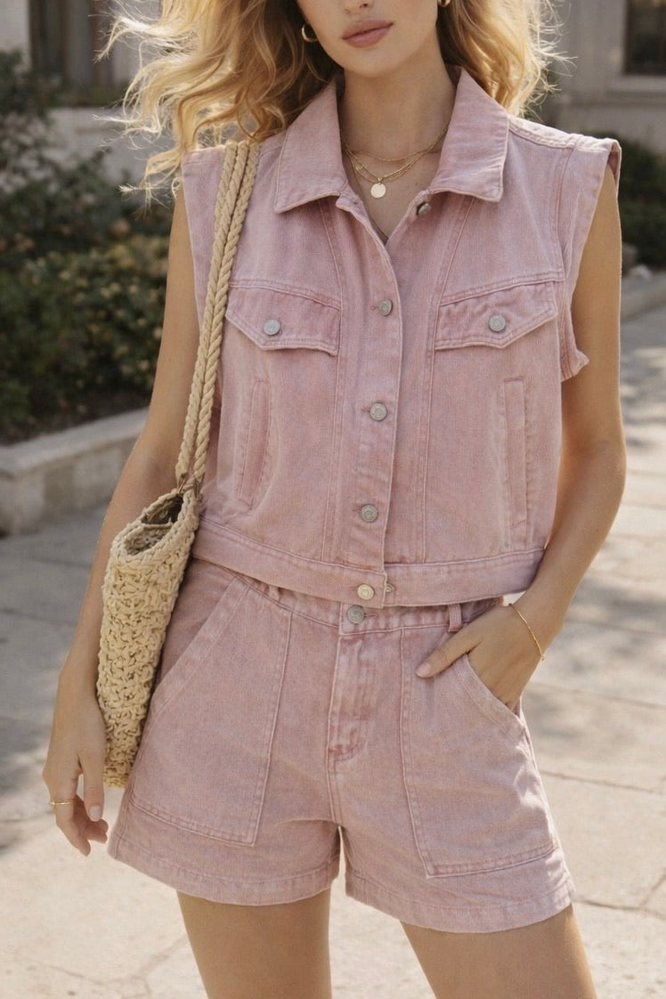 ENSEMBLE GILET+ SHORT JEAN COLORÉ AURÉLIE