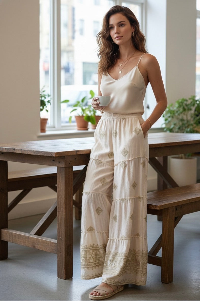 PANTALON BRODÉE HONORINE - BEIGE