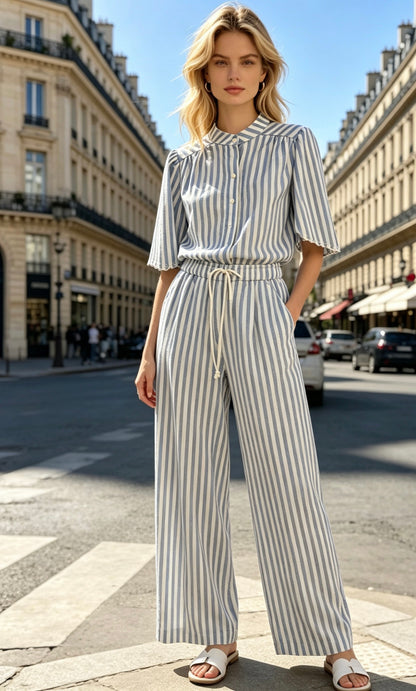 PANTALON RAYÉ COTON ALIAS  - BLEU-CLAIR
