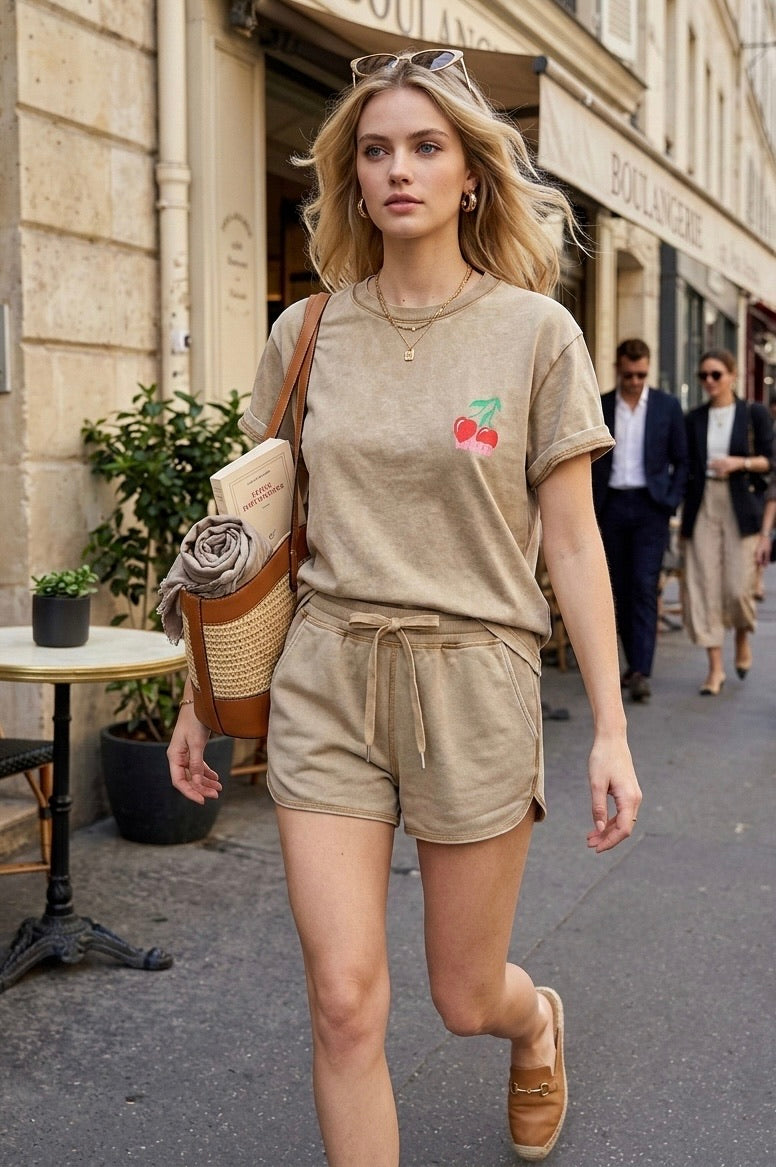 ENSEMBLE HAUT+SHORT COTON MATIÈRE SWEAT ÉLINE  - BEIGE