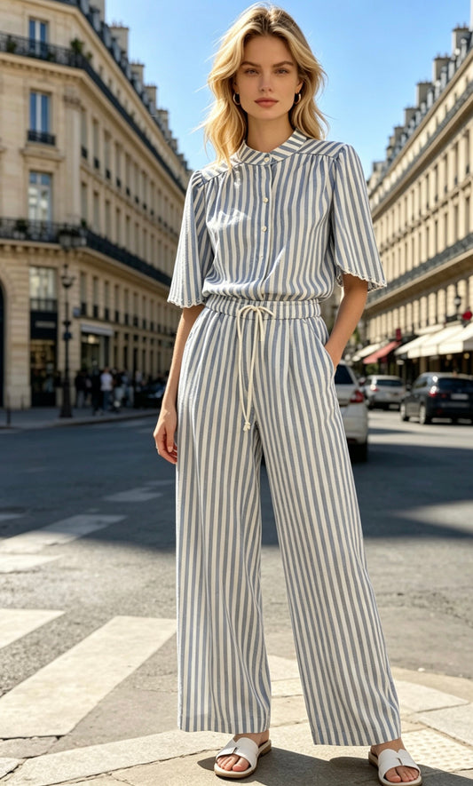 L’ENSEMBLE CHEMISE PANTALON RAYÉ COTON  - BLEU-CLAIR