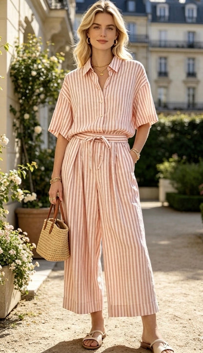 PANTALON COTON RAYÉ IDA - ROSE