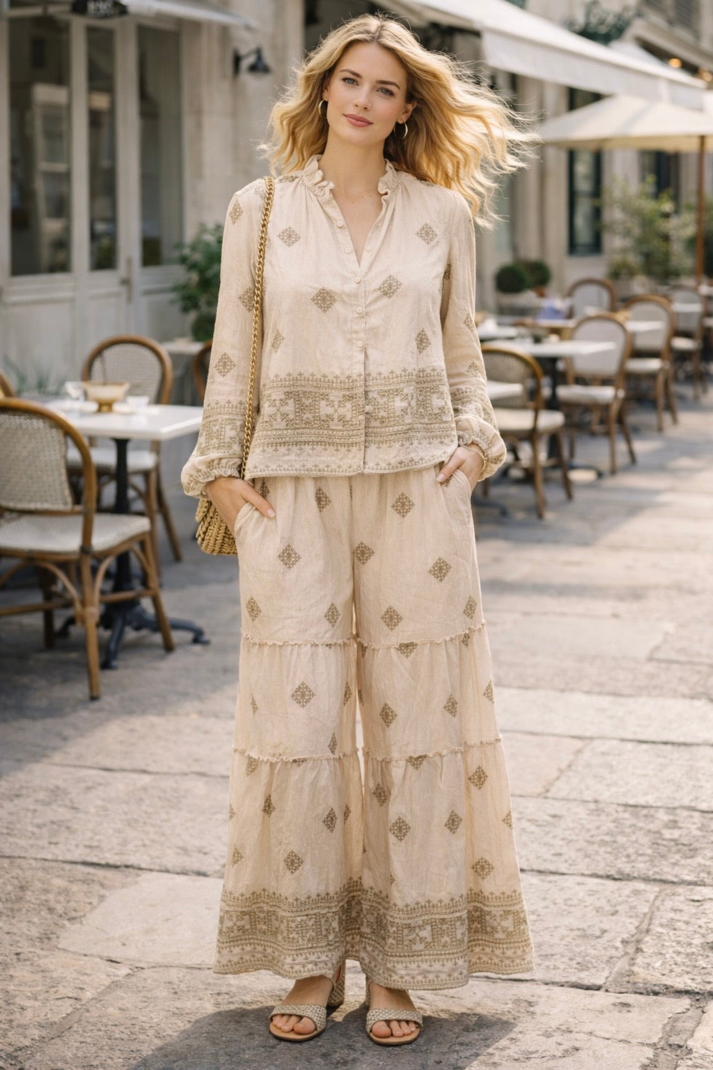 ENSEMBLE BLOUSE ET PANTALON BRODÉ LESLY - BEIGE