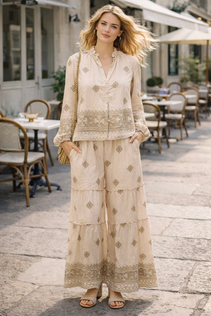 ENSEMBLE BLOUSE ET PANTALON BRODÉ LESLY - BEIGE