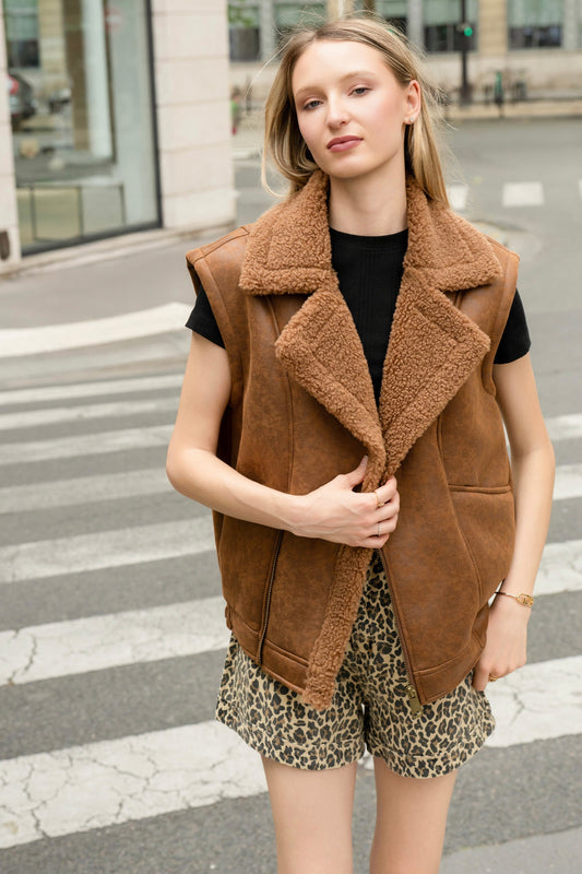 Gilet suédine fourré Isaline caramel